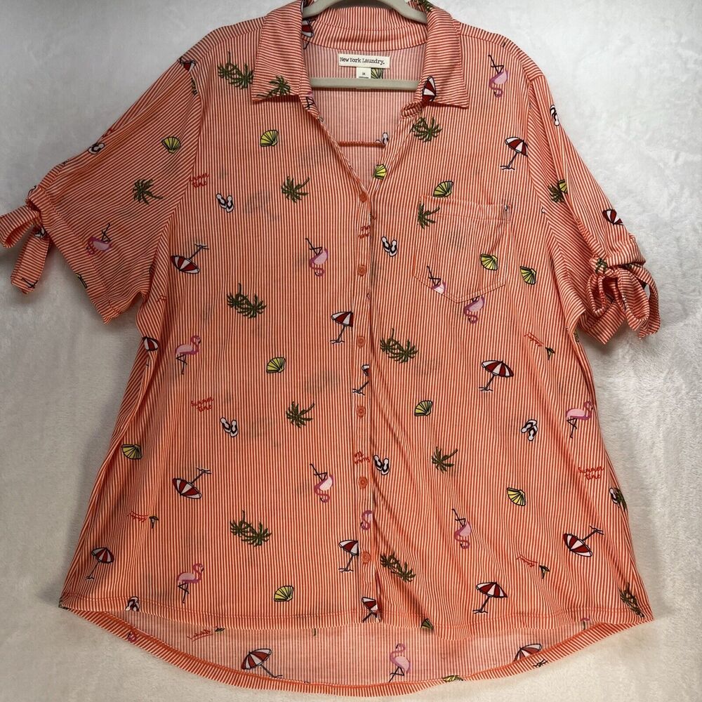 New York Laundry Button Front Beach Print Top Women’s Sz 3X Coastal‎ Summer